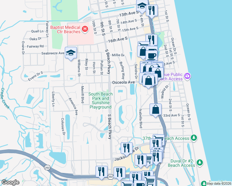 map of restaurants, bars, coffee shops, grocery stores, and more near 856 Bonaire Circle in Jacksonville Beach