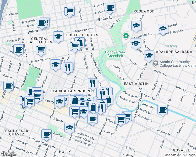 map of restaurants, bars, coffee shops, grocery stores, and more near 2501 East 11th Street in Austin