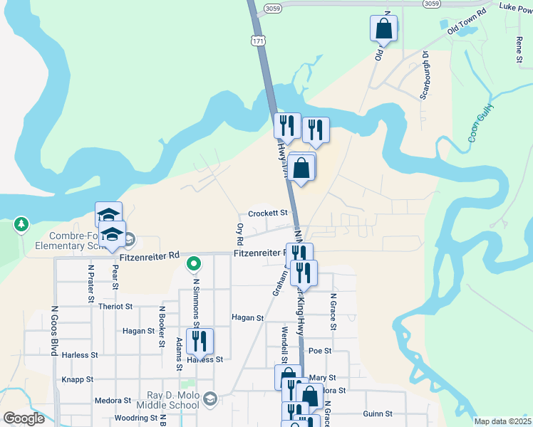 map of restaurants, bars, coffee shops, grocery stores, and more near 2299 N Malcolm St in Lake Charles