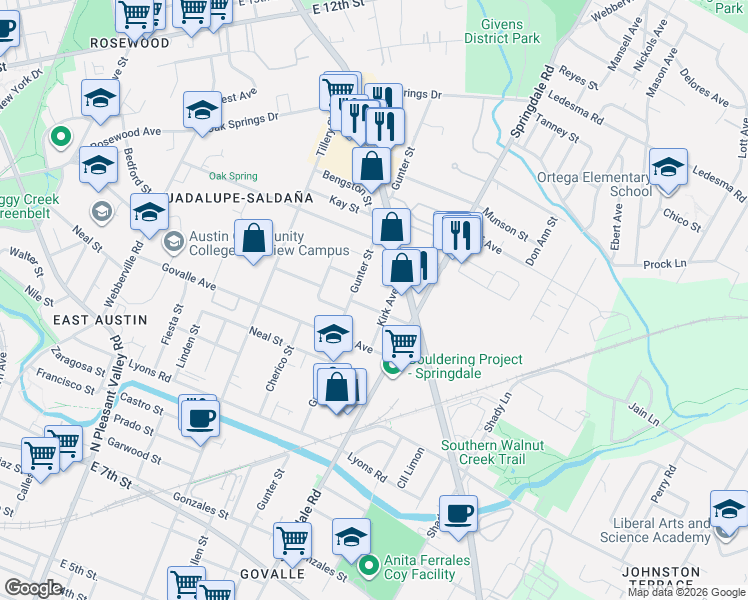 map of restaurants, bars, coffee shops, grocery stores, and more near 1117 1/4 Gunter Street in Austin