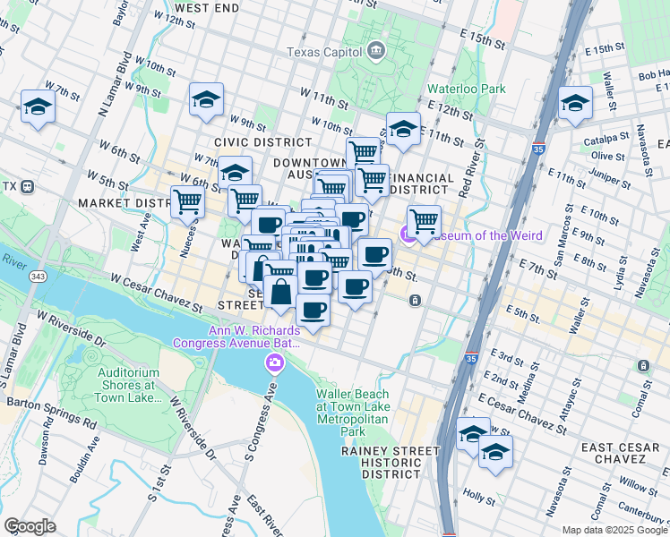 map of restaurants, bars, coffee shops, grocery stores, and more near 301 Brazos Street in Austin