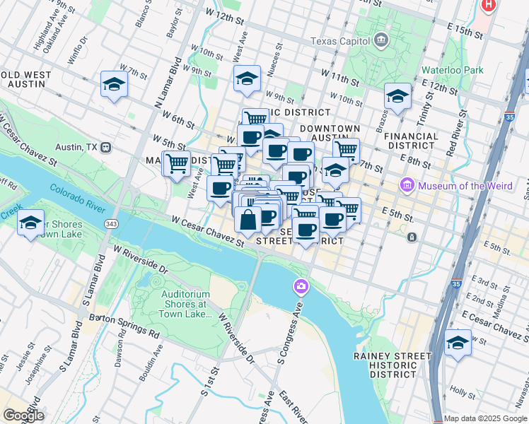 map of restaurants, bars, coffee shops, grocery stores, and more near 320 West 2nd Street in Austin