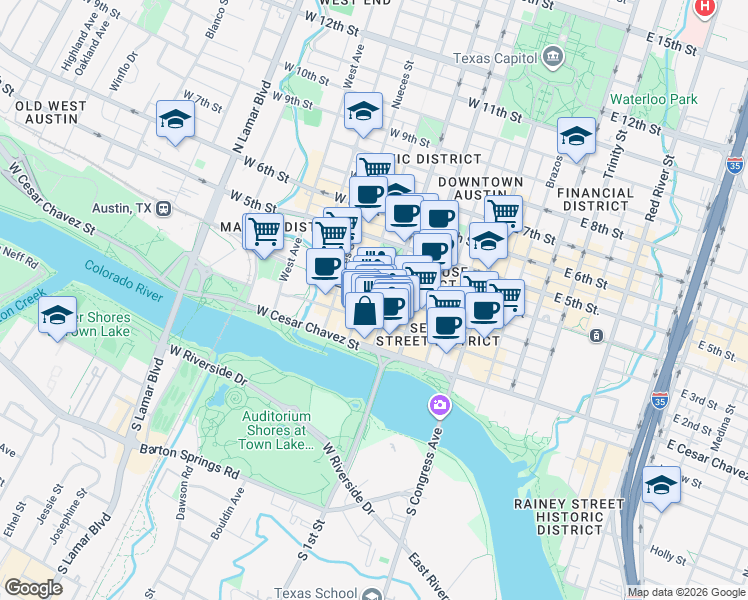 map of restaurants, bars, coffee shops, grocery stores, and more near 421 West 3rd Street in Austin