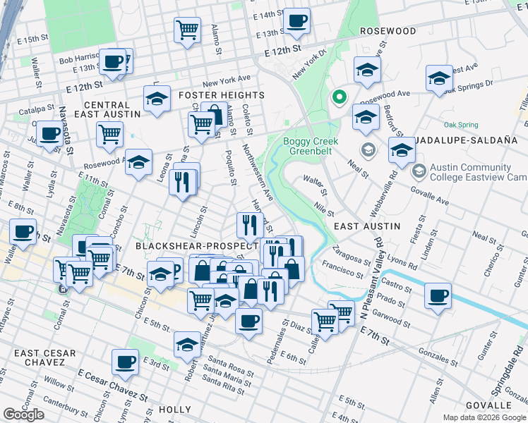 map of restaurants, bars, coffee shops, grocery stores, and more near 2413 East 10th Street in Austin