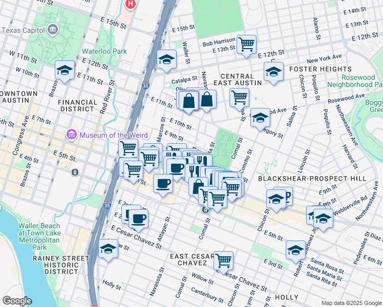 map of restaurants, bars, coffee shops, grocery stores, and more near 1207 East 8th Street in Austin