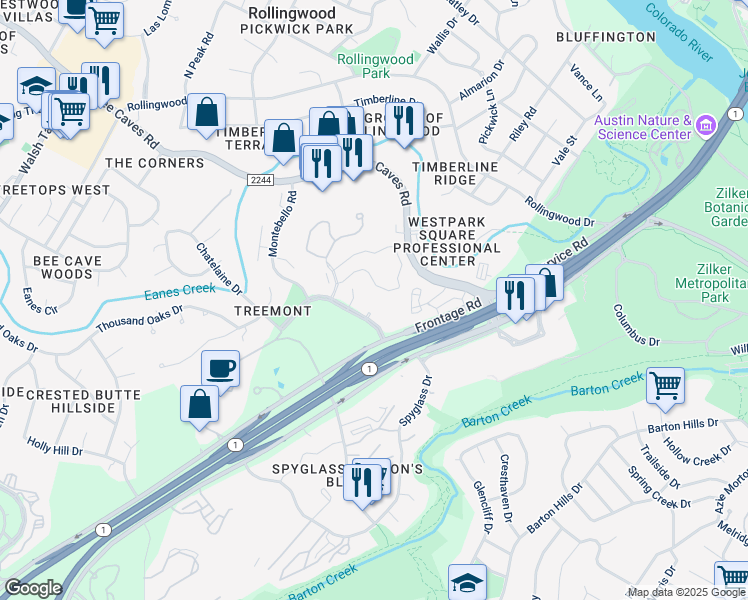map of restaurants, bars, coffee shops, grocery stores, and more near 1000 Liberty Park Drive in Austin
