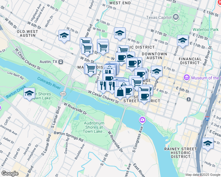 map of restaurants, bars, coffee shops, grocery stores, and more near 200 Nueces Street in Austin