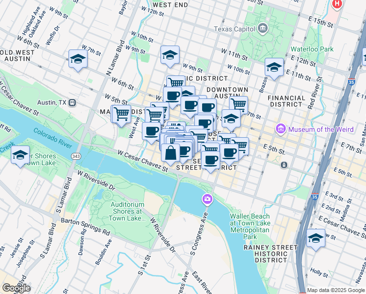 map of restaurants, bars, coffee shops, grocery stores, and more near 320 West 2nd Street in Austin