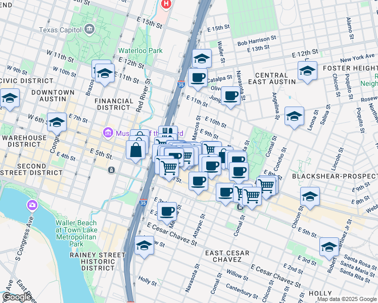 map of restaurants, bars, coffee shops, grocery stores, and more near 924 East 7th Street in Austin