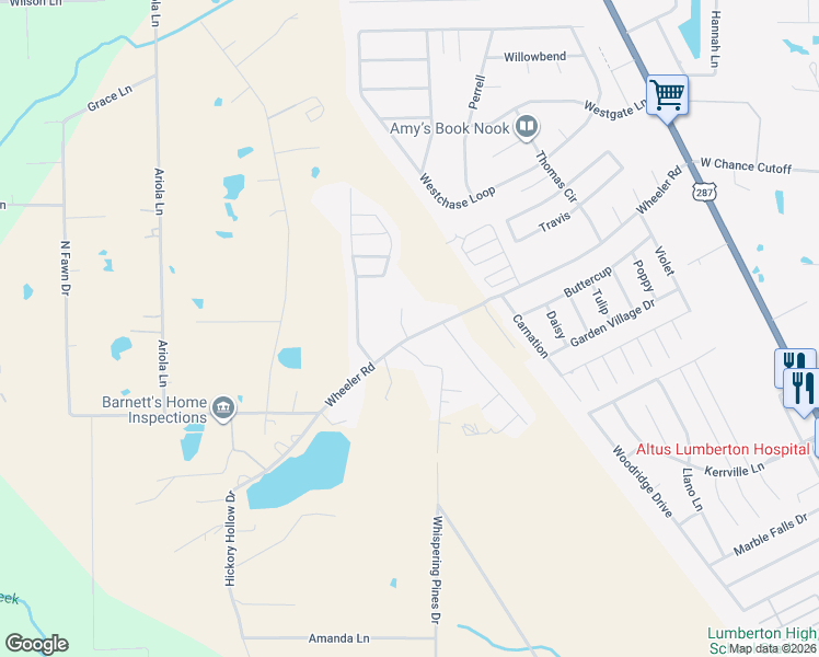 map of restaurants, bars, coffee shops, grocery stores, and more near 5293 Wheeler Road in Lumberton