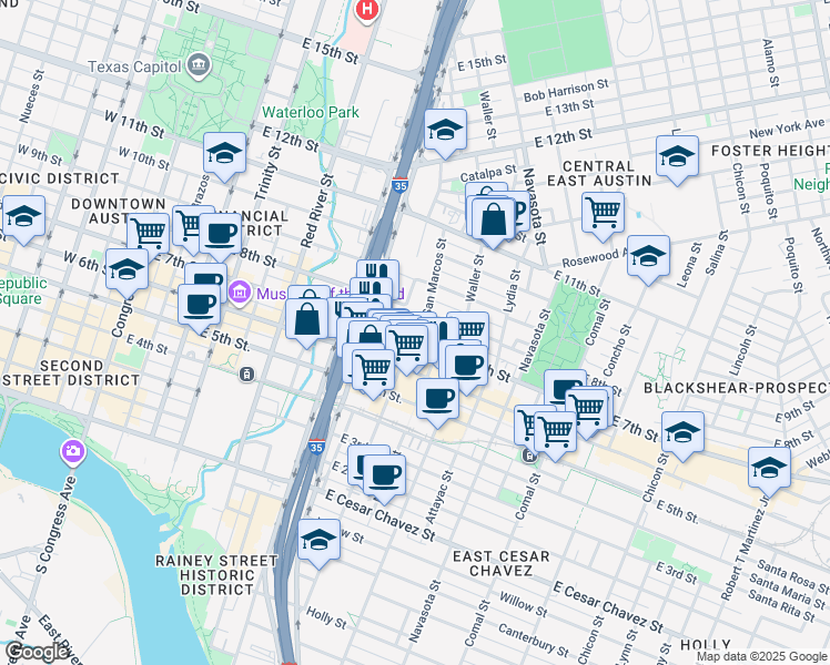 map of restaurants, bars, coffee shops, grocery stores, and more near 903 East 8th Street in Austin