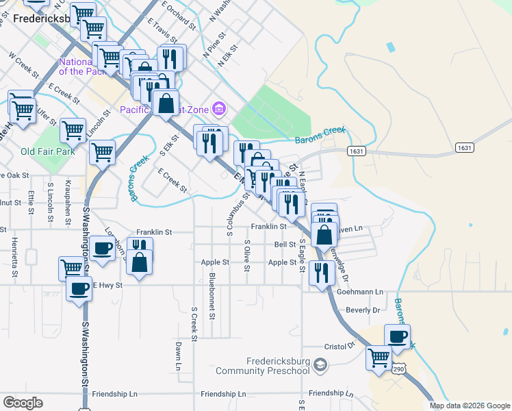 map of restaurants, bars, coffee shops, grocery stores, and more near 710 E Main St in Fredericksburg