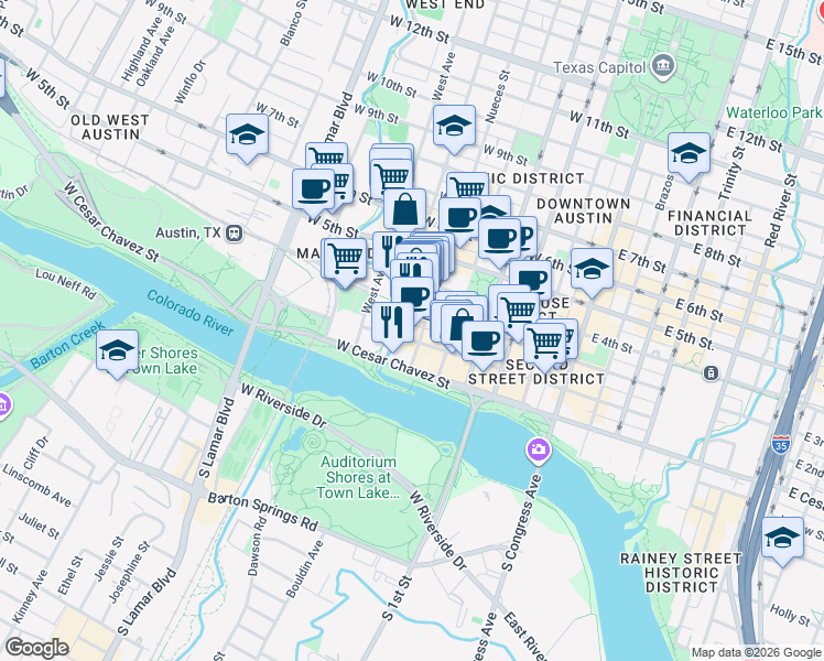 map of restaurants, bars, coffee shops, grocery stores, and more near 202 Nueces Street in Austin