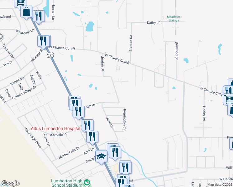 map of restaurants, bars, coffee shops, grocery stores, and more near 699 Jordan Dr in Lumberton