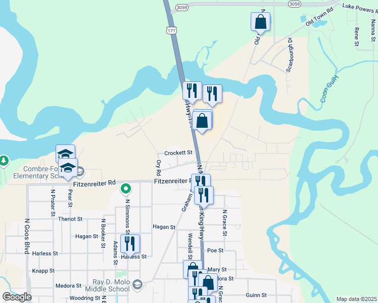 map of restaurants, bars, coffee shops, grocery stores, and more near 2301-2499 North Martin Luther King Highway in Lake Charles