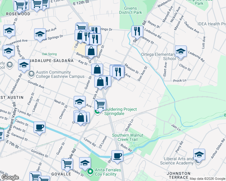 map of restaurants, bars, coffee shops, grocery stores, and more near 1002-1016 Springdale Road in Austin