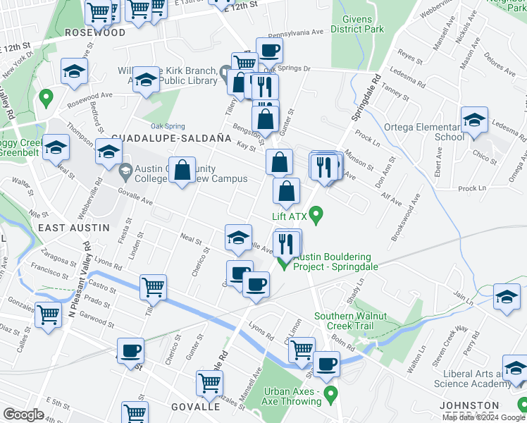 map of restaurants, bars, coffee shops, grocery stores, and more near 1122 3/4 Gunter Street in Austin