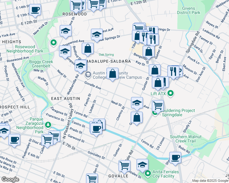 map of restaurants, bars, coffee shops, grocery stores, and more near 1118 Tillery Street in Austin