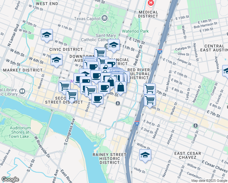 map of restaurants, bars, coffee shops, grocery stores, and more near 418 East 6th Street in Austin