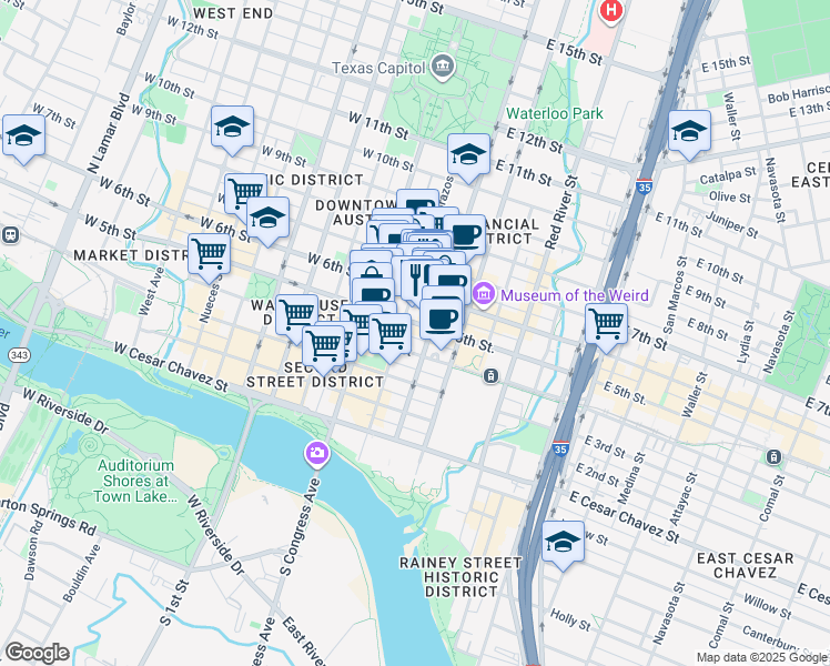 map of restaurants, bars, coffee shops, grocery stores, and more near 501 Brazos Street in Austin