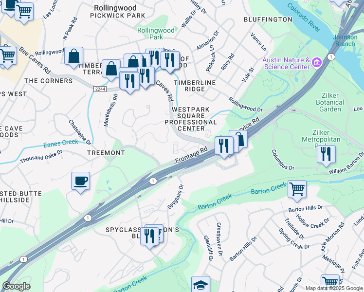 map of restaurants, bars, coffee shops, grocery stores, and more near 3525 Bee Cave Road in Austin