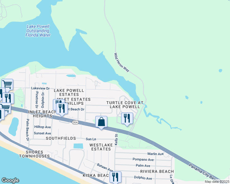 map of restaurants, bars, coffee shops, grocery stores, and more near 21900 Lakeview Drive in Panama City Beach