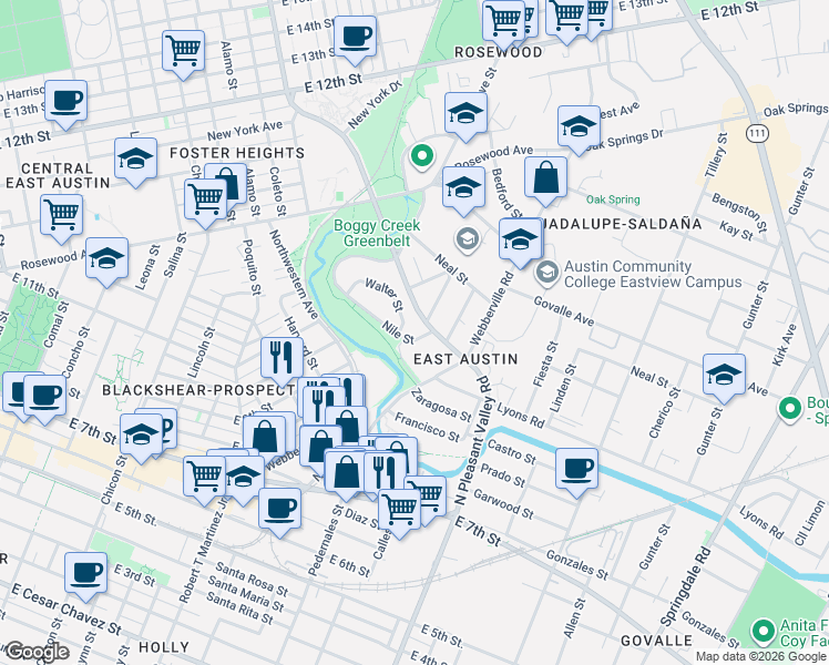 map of restaurants, bars, coffee shops, grocery stores, and more near 909 Walter Street in Austin