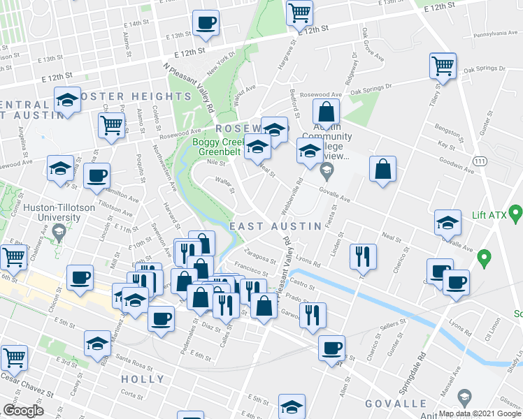 map of restaurants, bars, coffee shops, grocery stores, and more near 2900 Glen Rae Street in Austin
