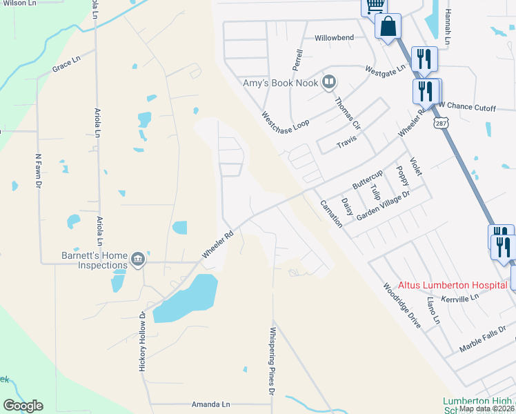 map of restaurants, bars, coffee shops, grocery stores, and more near 5293 Wheeler Road in Lumberton