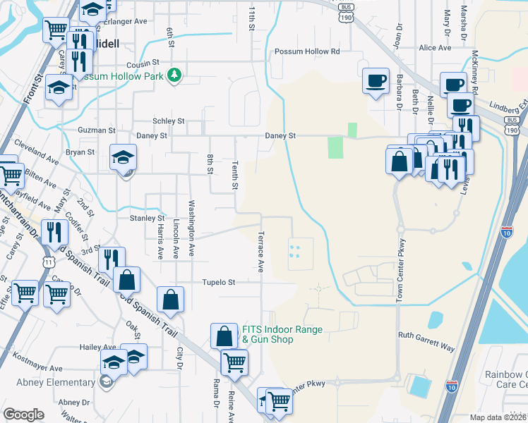 map of restaurants, bars, coffee shops, grocery stores, and more near 2780 Tenth Street in Slidell