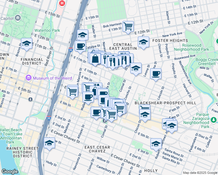 map of restaurants, bars, coffee shops, grocery stores, and more near 901 Navasota Street in Austin
