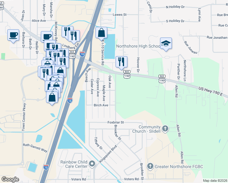map of restaurants, bars, coffee shops, grocery stores, and more near 57426 Oak Avenue in Slidell