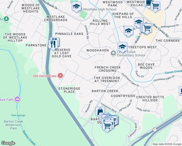 map of restaurants, bars, coffee shops, grocery stores, and more near 3400 Stoneridge Road in Austin