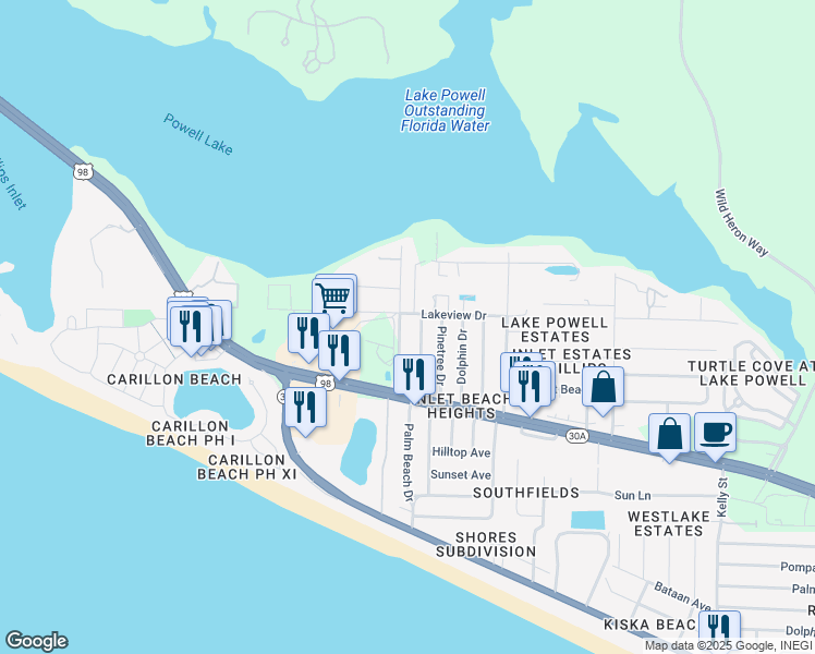map of restaurants, bars, coffee shops, grocery stores, and more near 22702 Lakeview Drive in Panama City Beach