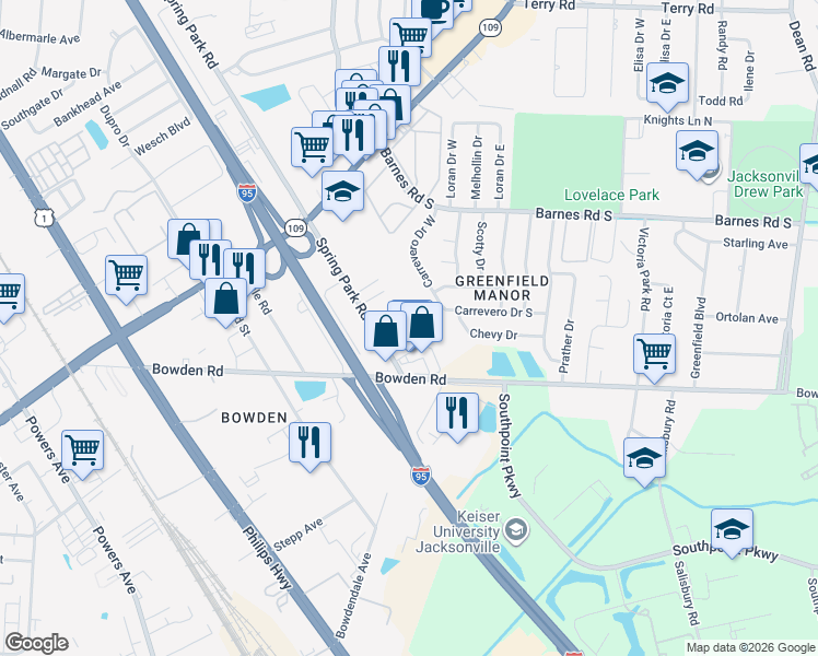 map of restaurants, bars, coffee shops, grocery stores, and more near 5725 Spring Park Road in Jacksonville