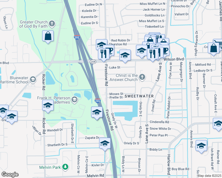 map of restaurants, bars, coffee shops, grocery stores, and more near 7165 Esther Street in Jacksonville