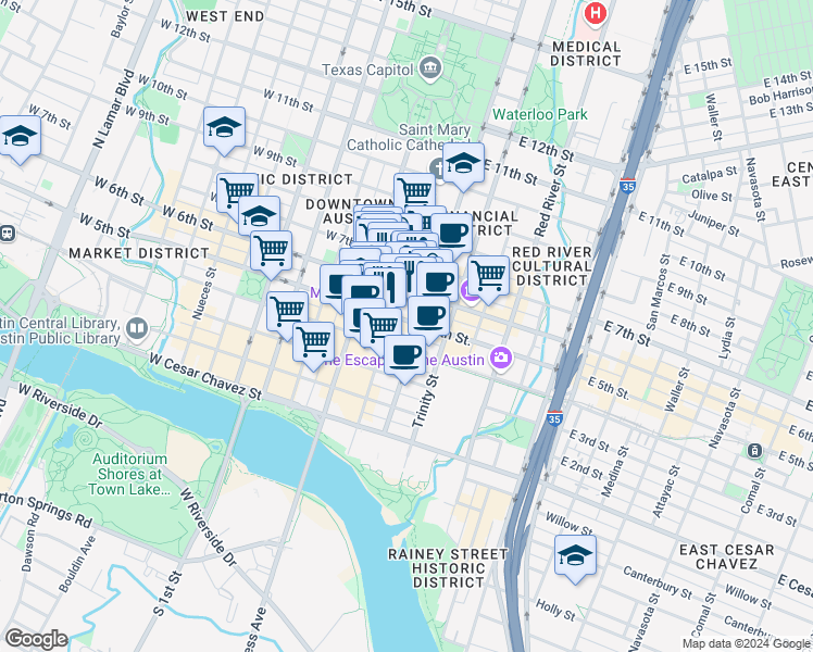map of restaurants, bars, coffee shops, grocery stores, and more near 501 Brazos Street in Austin