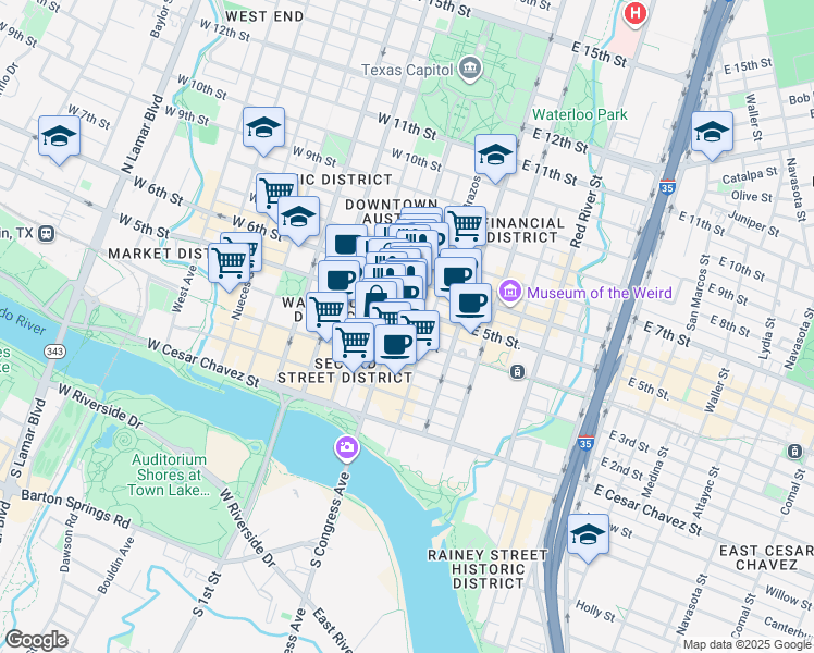map of restaurants, bars, coffee shops, grocery stores, and more near 401 Congress Avenue in Austin
