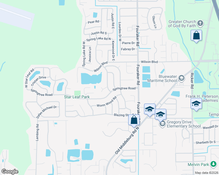 map of restaurants, bars, coffee shops, grocery stores, and more near 3756 Spring Lake Road in Jacksonville