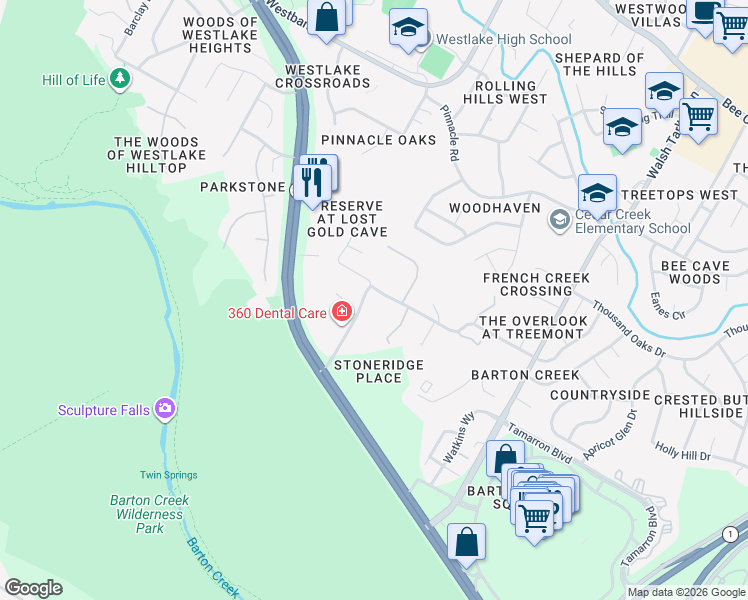 map of restaurants, bars, coffee shops, grocery stores, and more near 3627 Stoneridge Road in Austin