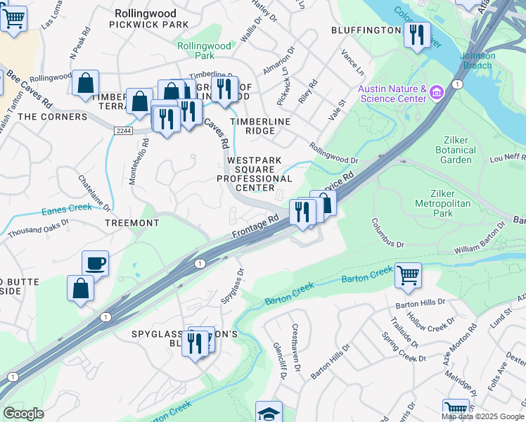 map of restaurants, bars, coffee shops, grocery stores, and more near 1004 Mo-Pac Circle in Austin