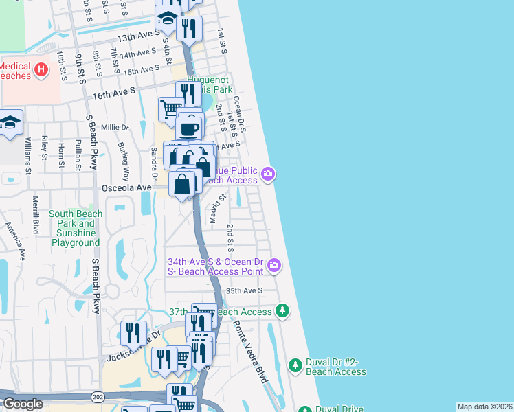 map of restaurants, bars, coffee shops, grocery stores, and more near 2601 Ocean Drive South in Jacksonville Beach