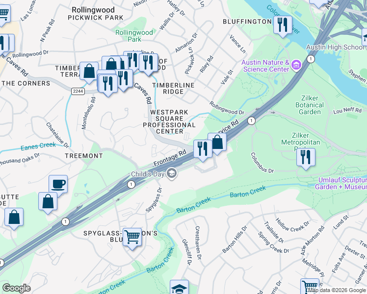 map of restaurants, bars, coffee shops, grocery stores, and more near 2511 Bee Caves Road in Austin