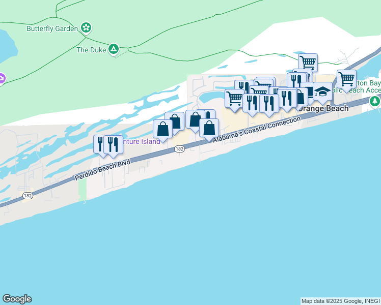 map of restaurants, bars, coffee shops, grocery stores, and more near 25020 Perdido Beach Boulevard in Orange Beach