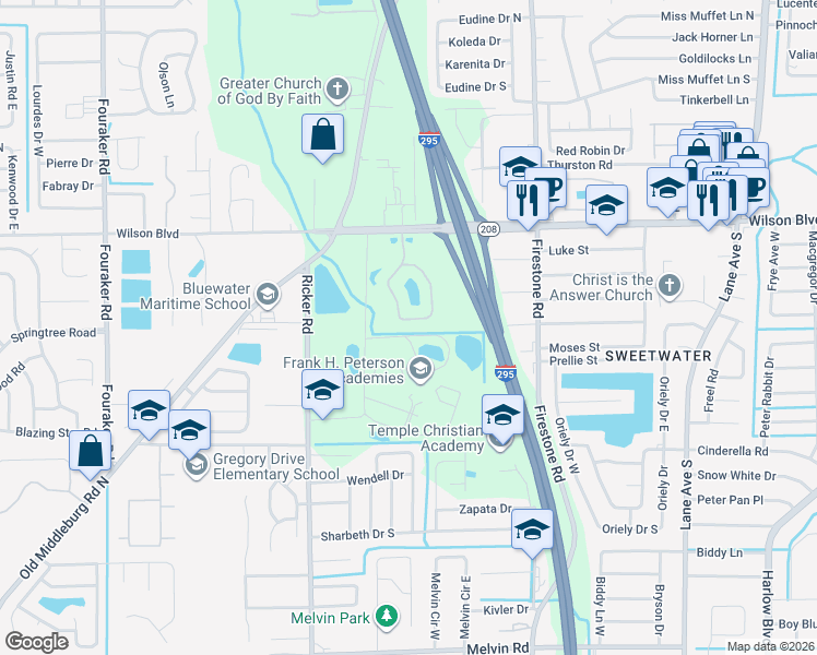map of restaurants, bars, coffee shops, grocery stores, and more near 3670 Kirkpatrick Circle in Jacksonville