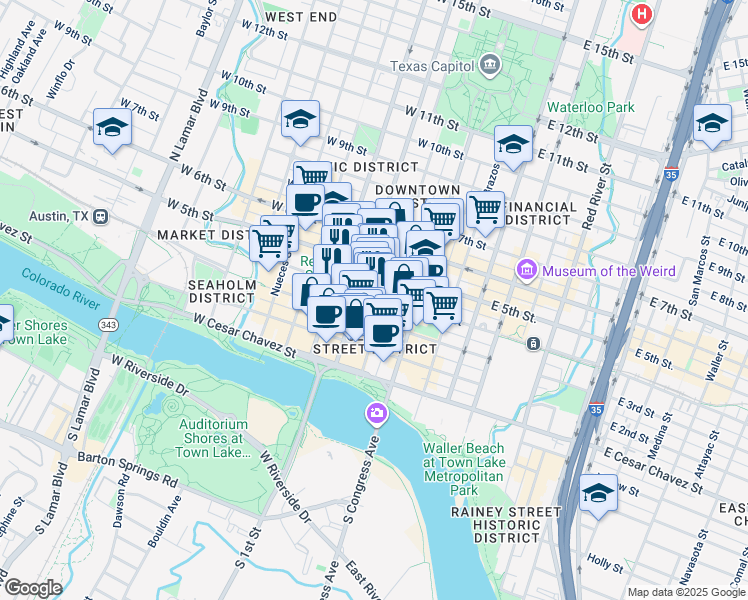 map of restaurants, bars, coffee shops, grocery stores, and more near 203 West 4th Street in Austin