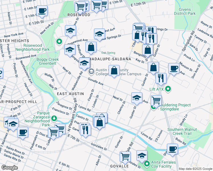map of restaurants, bars, coffee shops, grocery stores, and more near 3000 Govalle Avenue in Austin