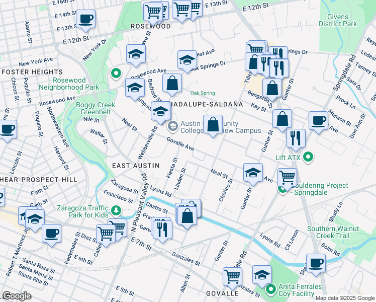 map of restaurants, bars, coffee shops, grocery stores, and more near 3000 Govalle Avenue in Austin