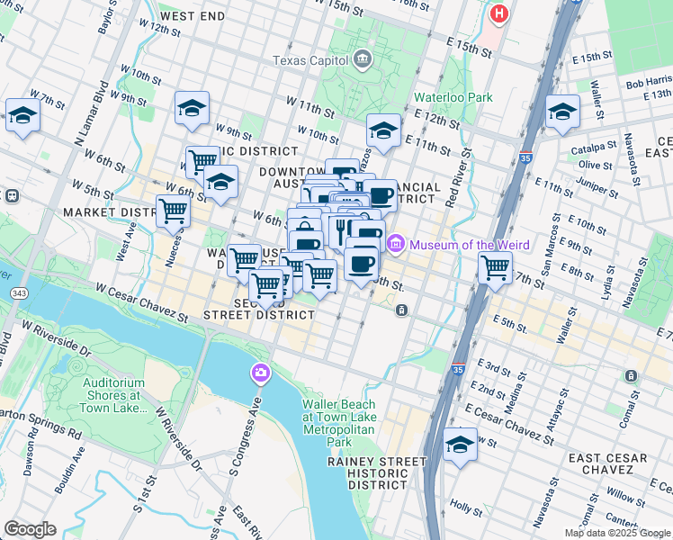 map of restaurants, bars, coffee shops, grocery stores, and more near 501 Brazos Street in Austin
