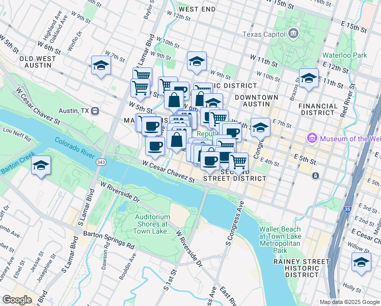 map of restaurants, bars, coffee shops, grocery stores, and more near 311 Nueces Street in Austin